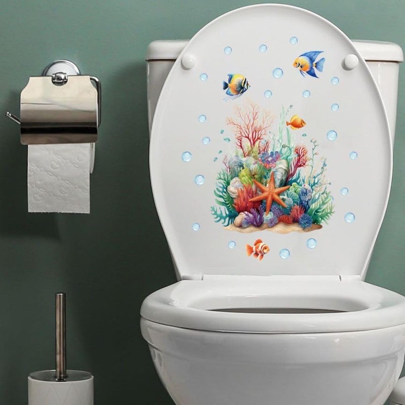 Ethanberg 2 Sheets Ocean Grass Fish Toilet Cover Stickers, Seagrass Coral Starfish Toilet Lid Decals, Bathroom Decorative Wall Stickers, Self-Adhesive Removable Waterproof WC Restroom Wall Art Mural - Image 3
